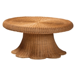 bali & pari Avalon Natural Rattan Round Coffee Table with Scalloped Pedestal Base ? Coastal Boho Wicker Accent Table for Living Room or Sunroom